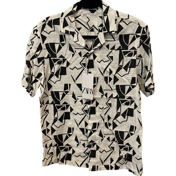 Zara Mens Shirt Size S White Black Geometric Graphic Button Up 4570/410 NWT - Picture 2 of 8
